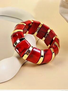 Stretch Bangle Bracelet Red & Gold Tone Rectangle Segment No Clasp